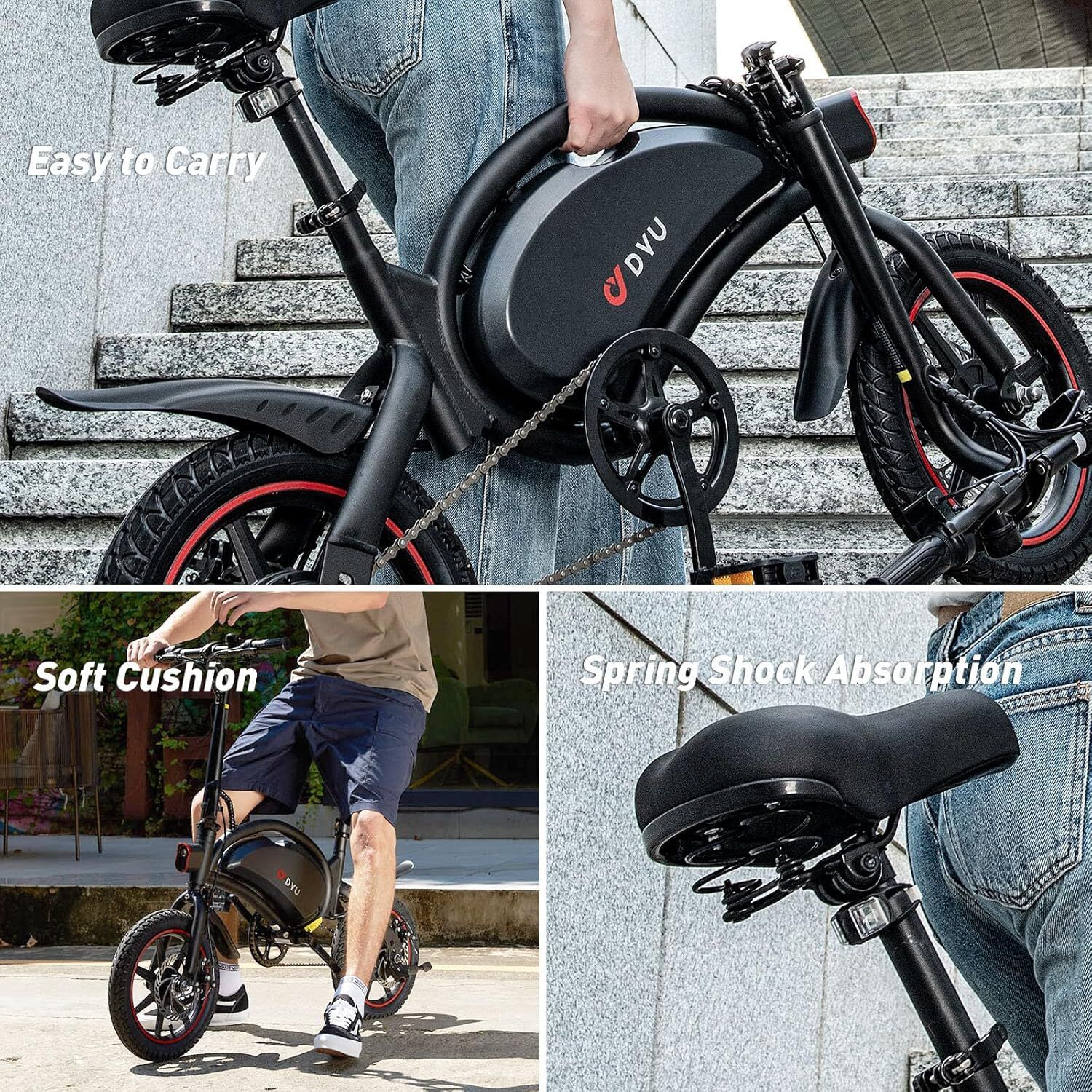 E-bike pieghevole, nero con dettagli rossi. Logo DYU. Maniglia. Sella morbida. Sospensioni.