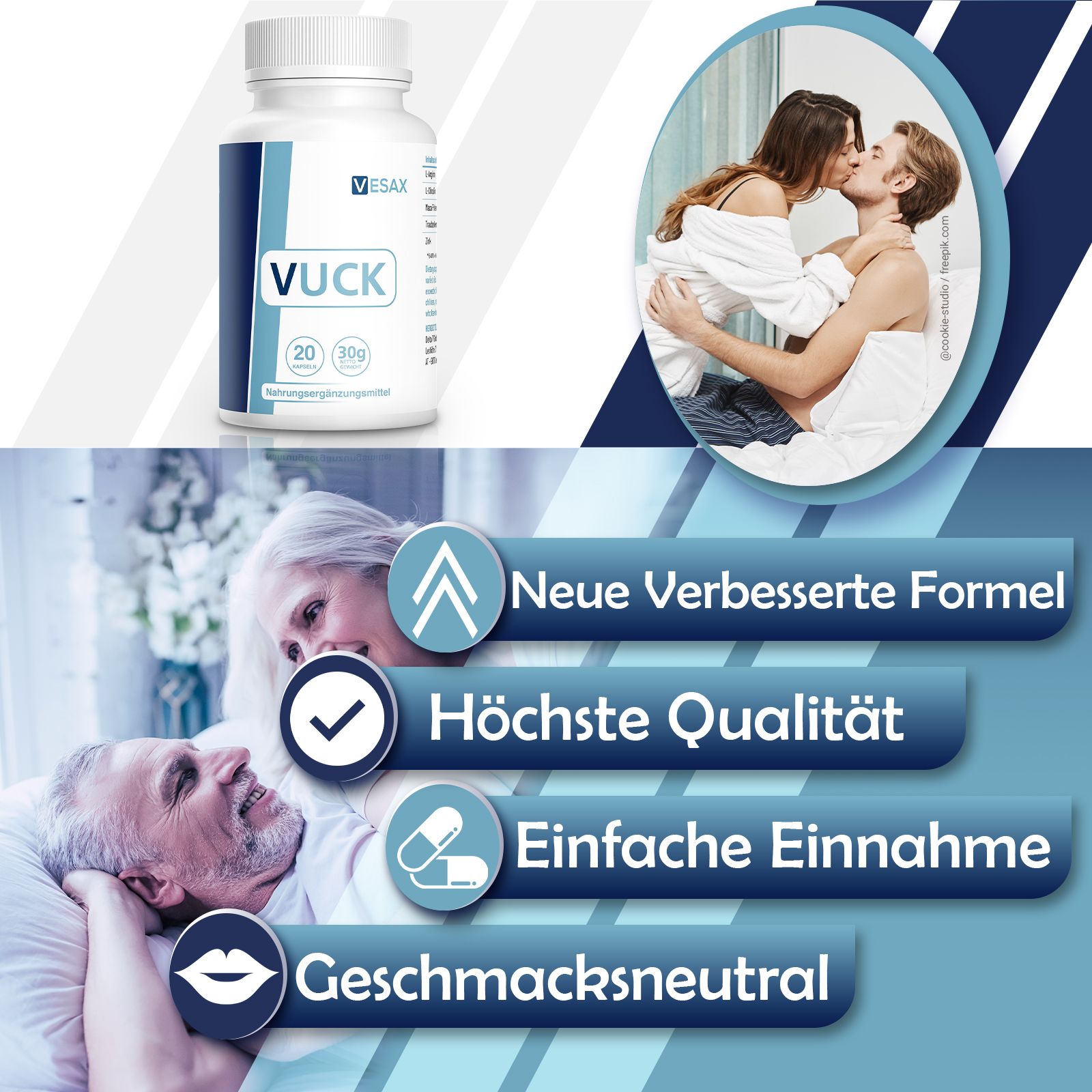 Flacone VUCK, VESAX. Testo: Nuova formula migliorata, Massima qualità, Facile assunzione, Insapore. Sfondo: coppia.