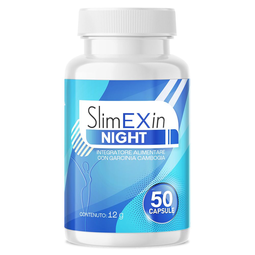 Flacone bianco con etichetta blu. Scritta: SlimEXin NIGHT, 50 capsule. Integratore alimentare con Garcinia Cambogia.