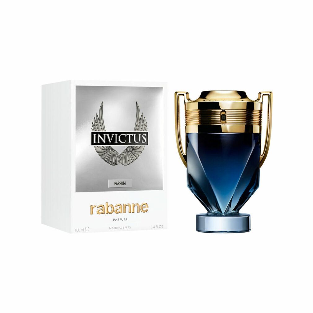Flacone di profumo blu e oro, a forma di coppa. Scatola bianca con logo e testo.