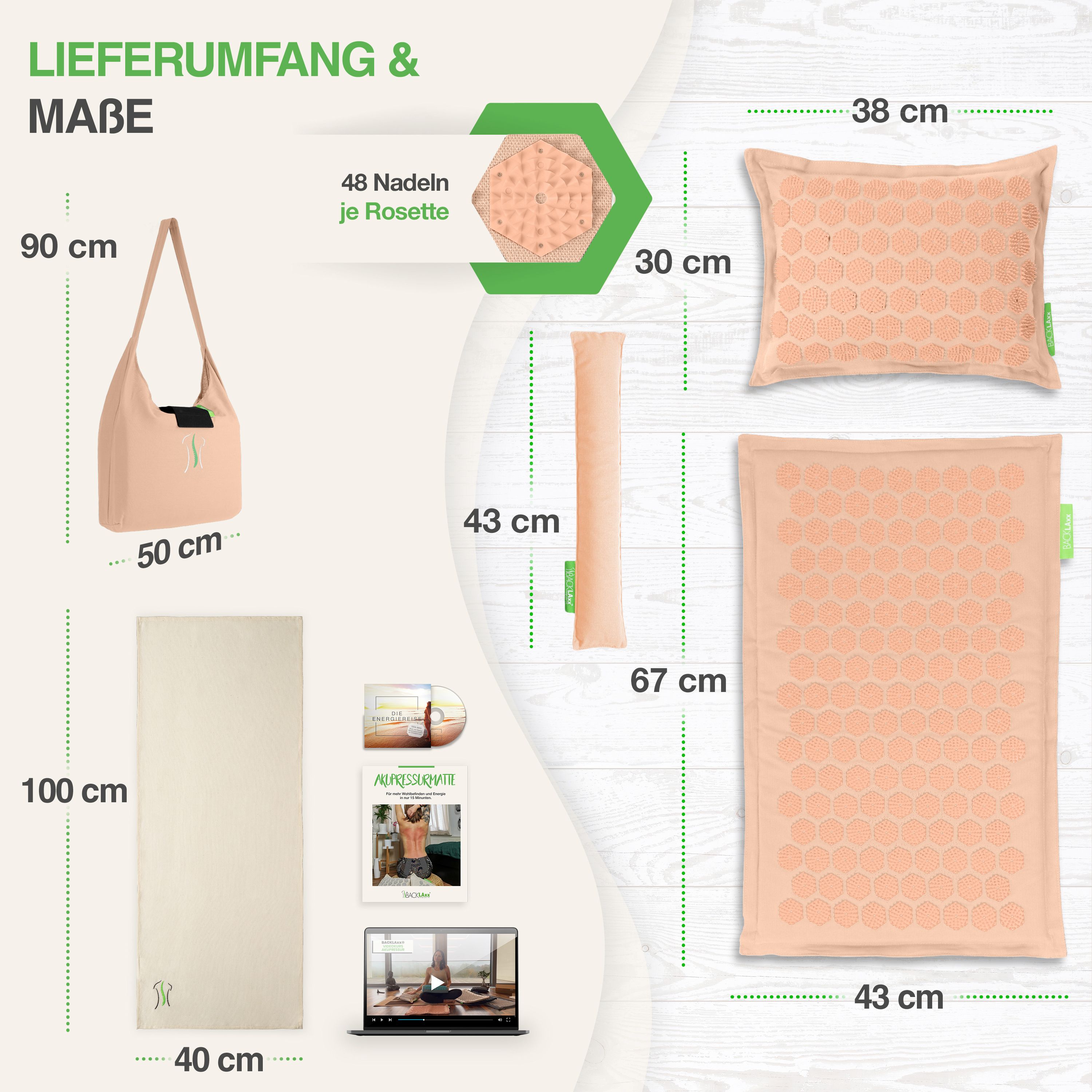 Contenuto & dimensioni. Borsa beige: 90x50cm. Tappetino per digitopressione: 100x40cm. Cuscino: 38x30cm. Rotolo: 43cm. E-book. 48 aghi per rosetta.