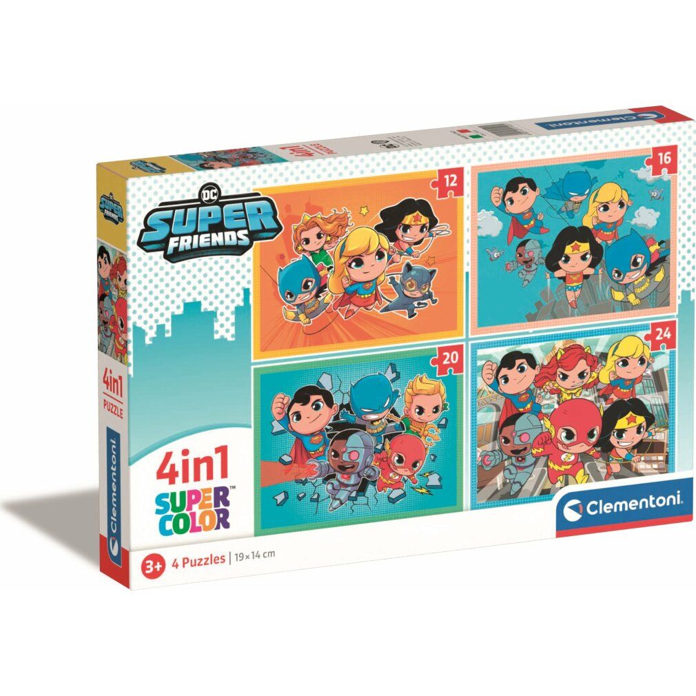 Puzzle Clementoni DC Super Friends 4in1. Confezione con quattro puzzle. 12, 16, 20 e 24 pezzi. Età consigliata 3+.