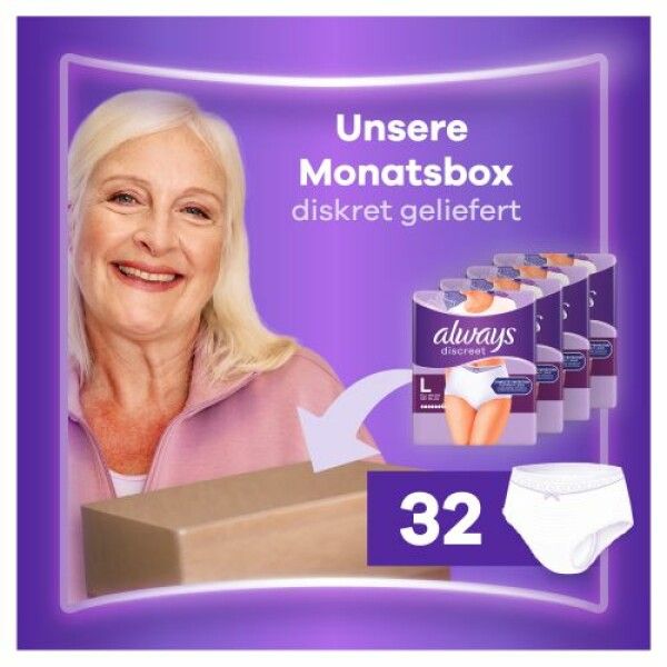 Always Discreet confezione mensile, consegna discreta. Immagine di 5 confezioni e una mutandina. Una donna sorride.