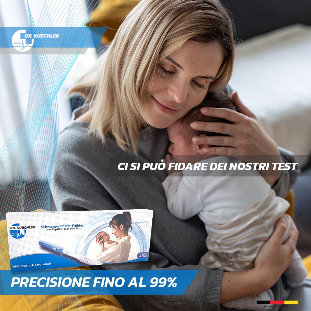 Donna con neonato, confezione di test di gravidanza in primo piano. "Precisione fino al 99%".