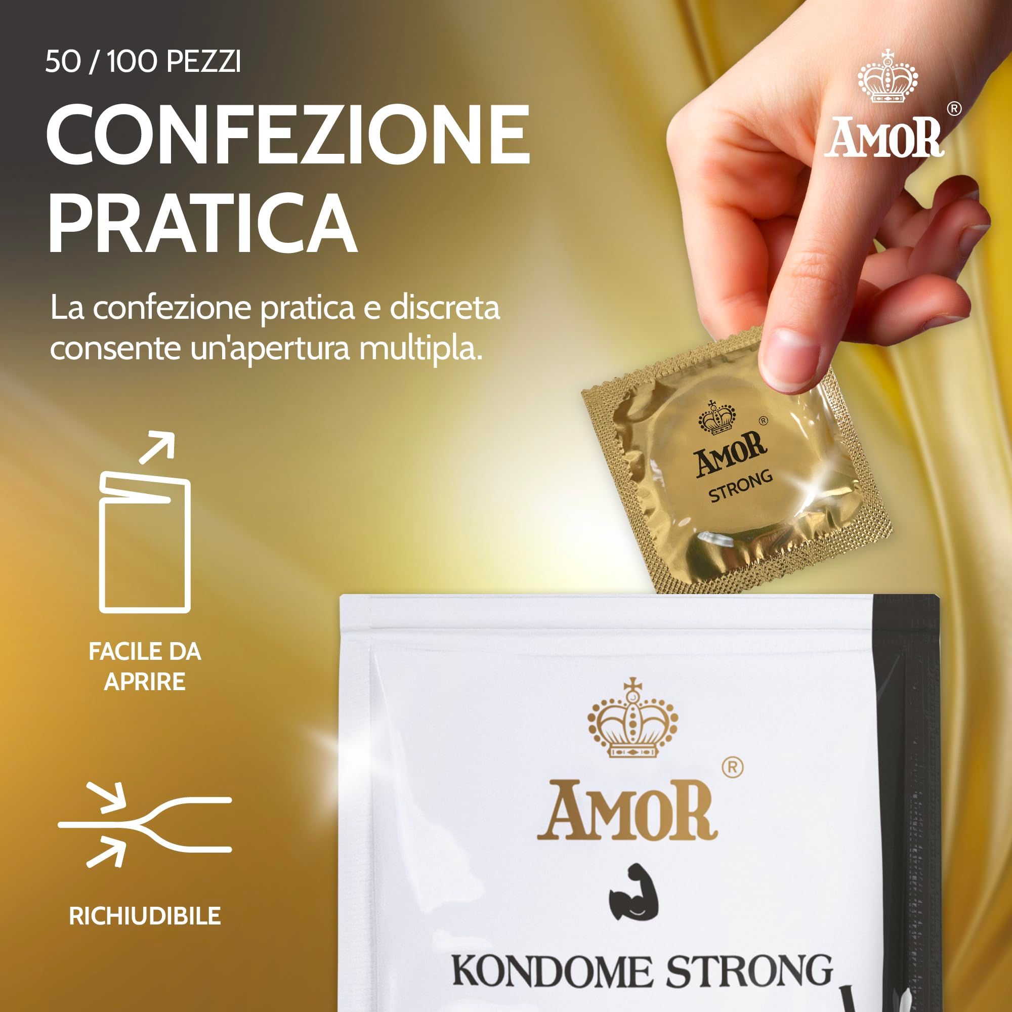 Mano tiene confezione singola preservativo Amor Strong, facile da aprire.