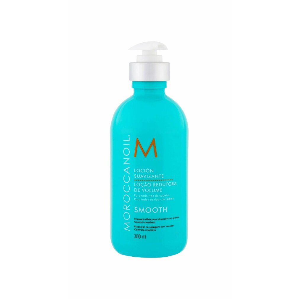 Flacone blu turchese con dosatore. Scritta: Moroccanoil, Lociòn Suavizante, Smooth. Logo M arancione.
