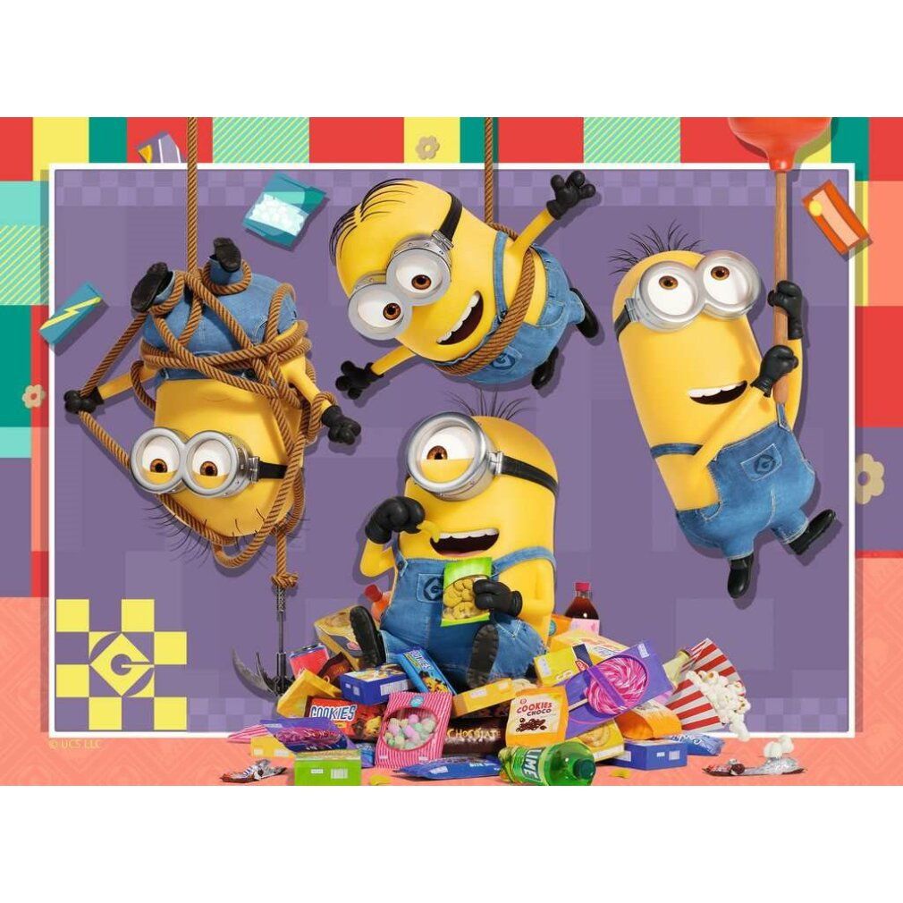 Dettaglio puzzle con Minions. Personaggi gialli con tute blu. Sfondo viola, con caramelle e corde. Con popcorn.