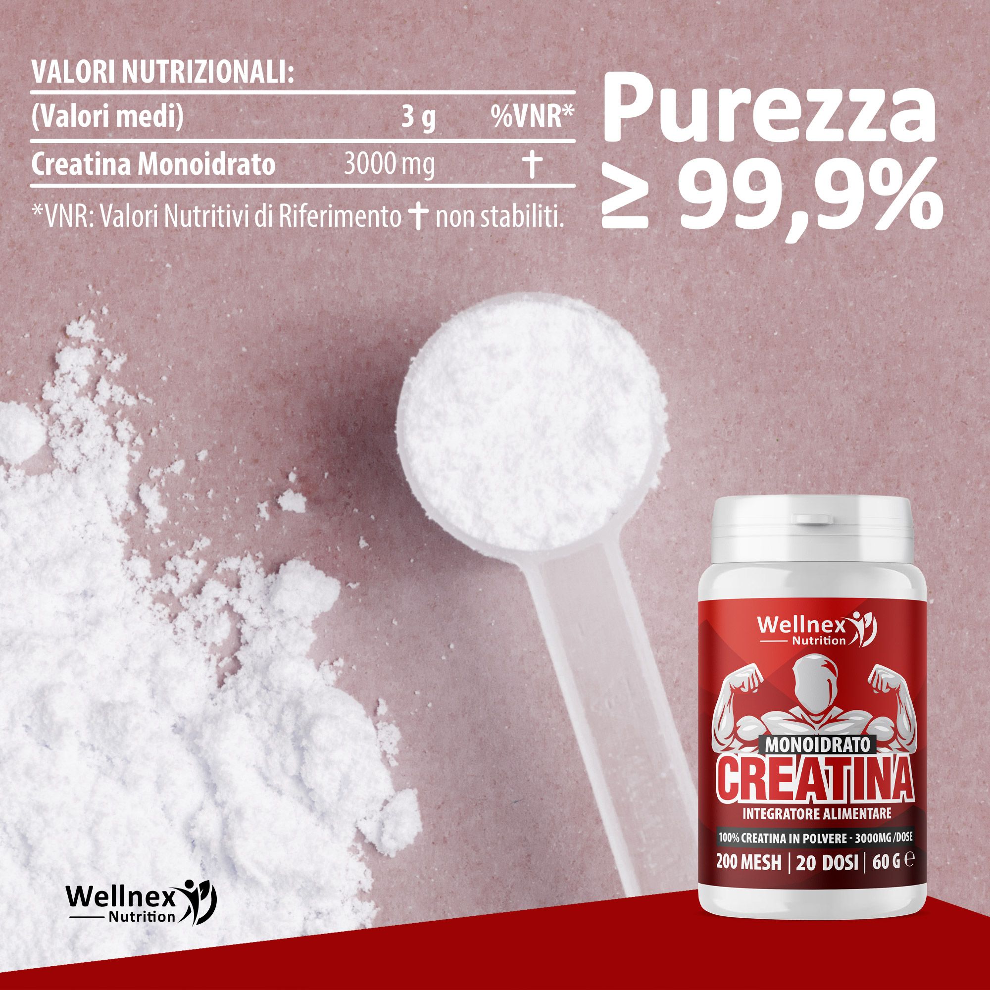 Wellnex Nutrition - Creatina Monoidrato Micronizzata | Pura in Polvere | 200 Mesh