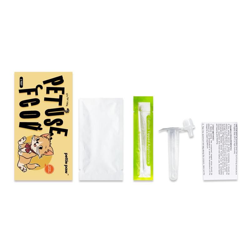 Confezione gialla con PET USE FCOV, gatto. Contiene striscia, tampone, pipetta e istruzioni.