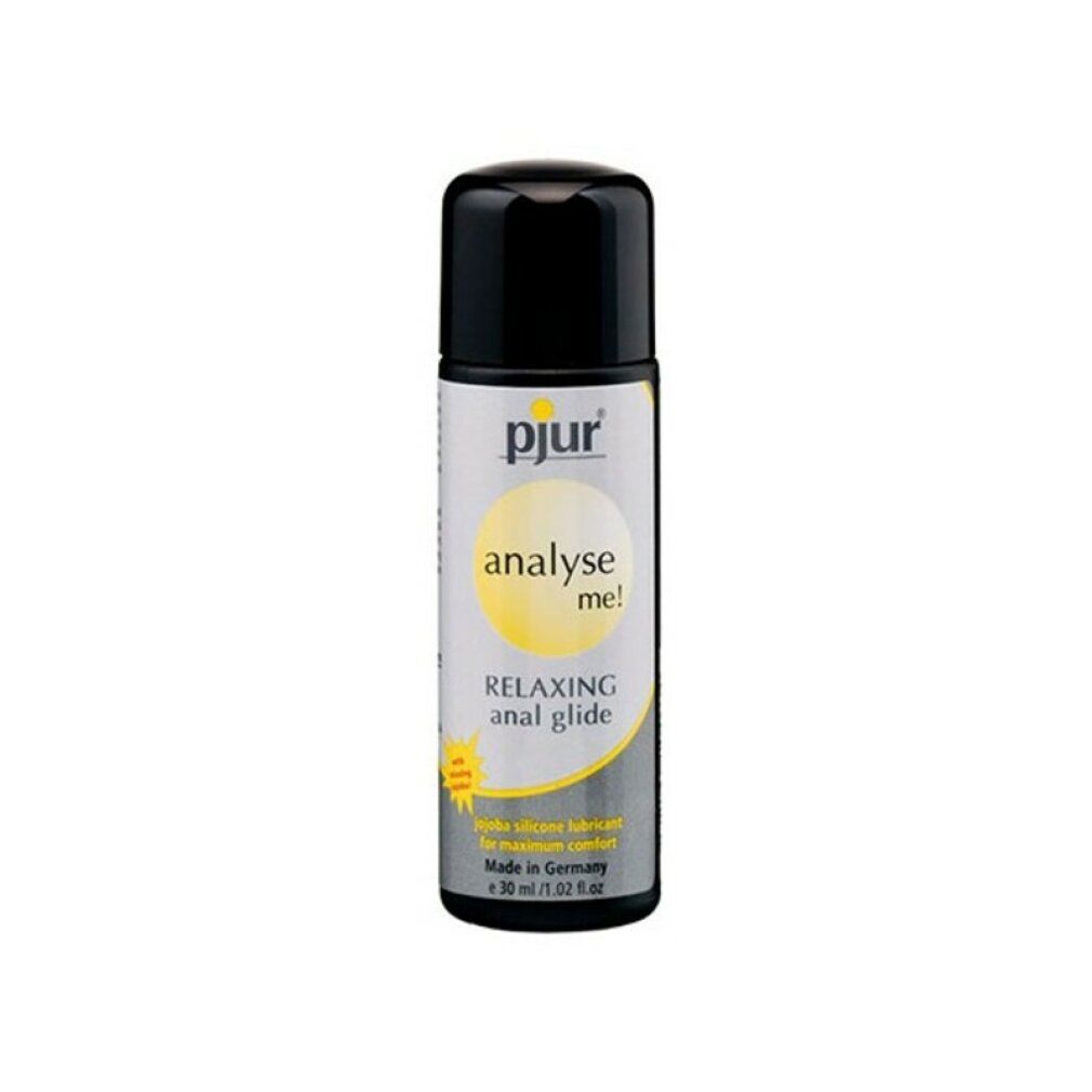 pjur Analyse me! Gel lubrificante anale, flacone con tappo nero. Scritta: Relaxing Anal Glide, jojoba. Made in Germany.