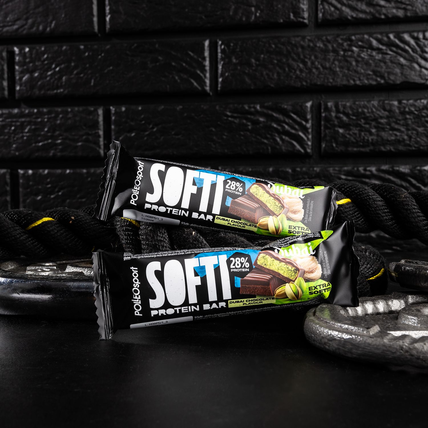 Due barrette proteiche su una superficie nera. Testo: Softi Protein Bar, 28% proteine, Dubai Chocolate Flavour.