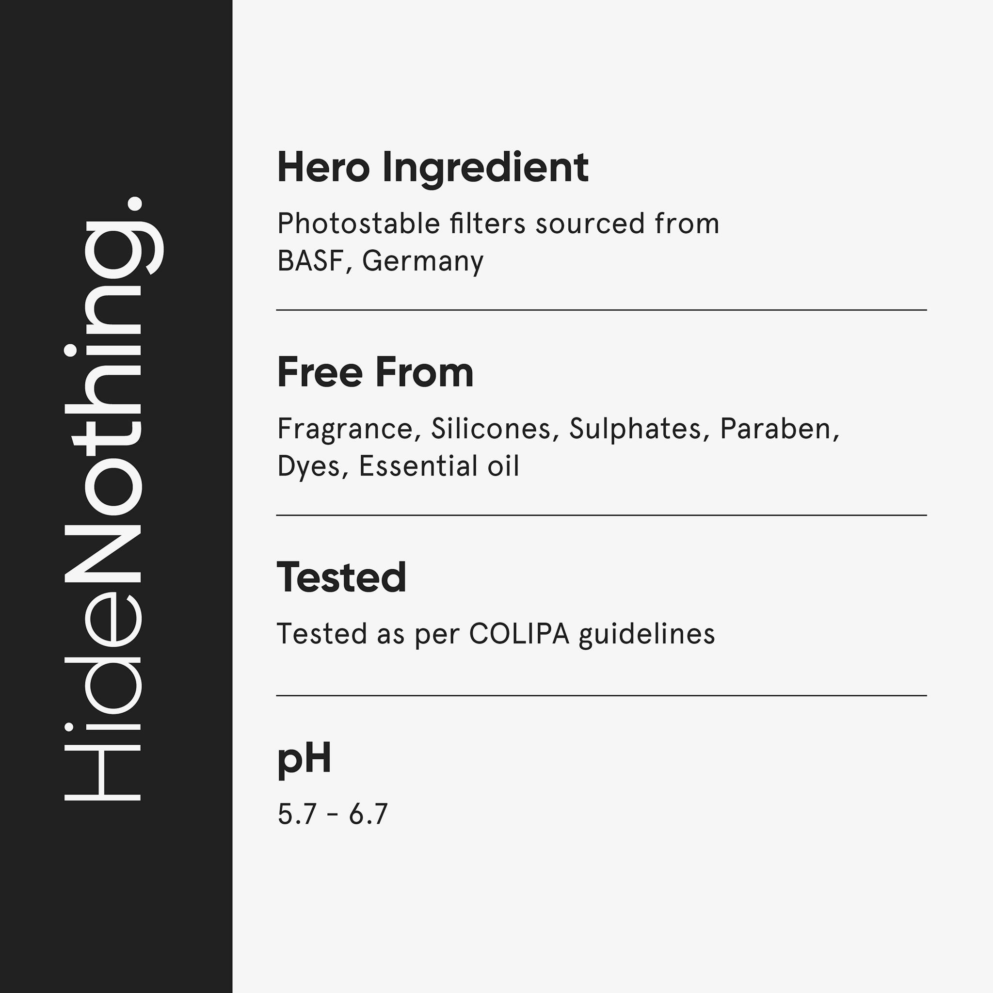Testo su sfondo grigio. Testo: Hero Ingredient, Free From, Tested, pH 5.7-6.7. Testato secondo le linee guida COLIPA. Marchio: HideNothing.
