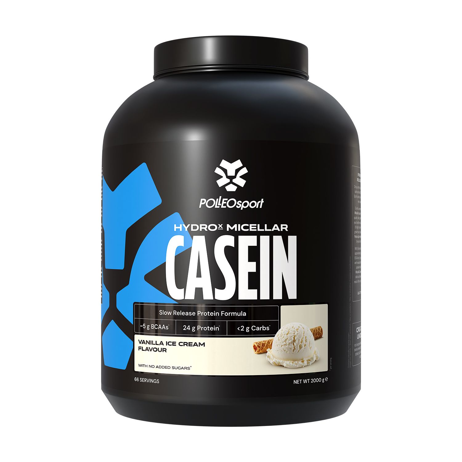 Barattolo nero HYDROX Micellar Casein. Immagine gelato alla vaniglia. Testo: 24g proteine, <2g carboidrati. Logo PolleoSport.