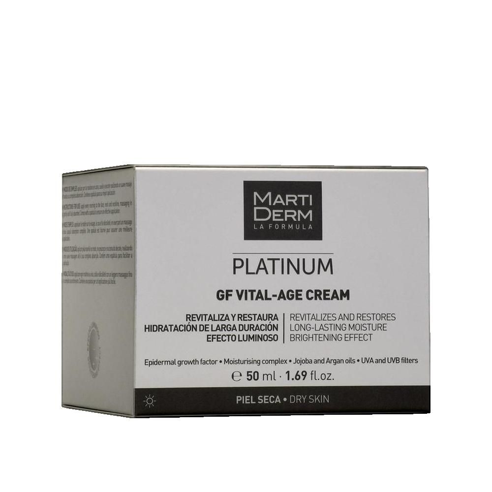 Confezione in cartone con informazioni sul prodotto. Scritta: Marti Derm Platinum GF Vital-Age Cream. Per pelle secca.