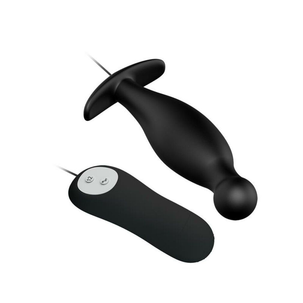 Plug anale nero con base a T e telecomando. Connessione via cavo. Il plug ha una punta rotonda.