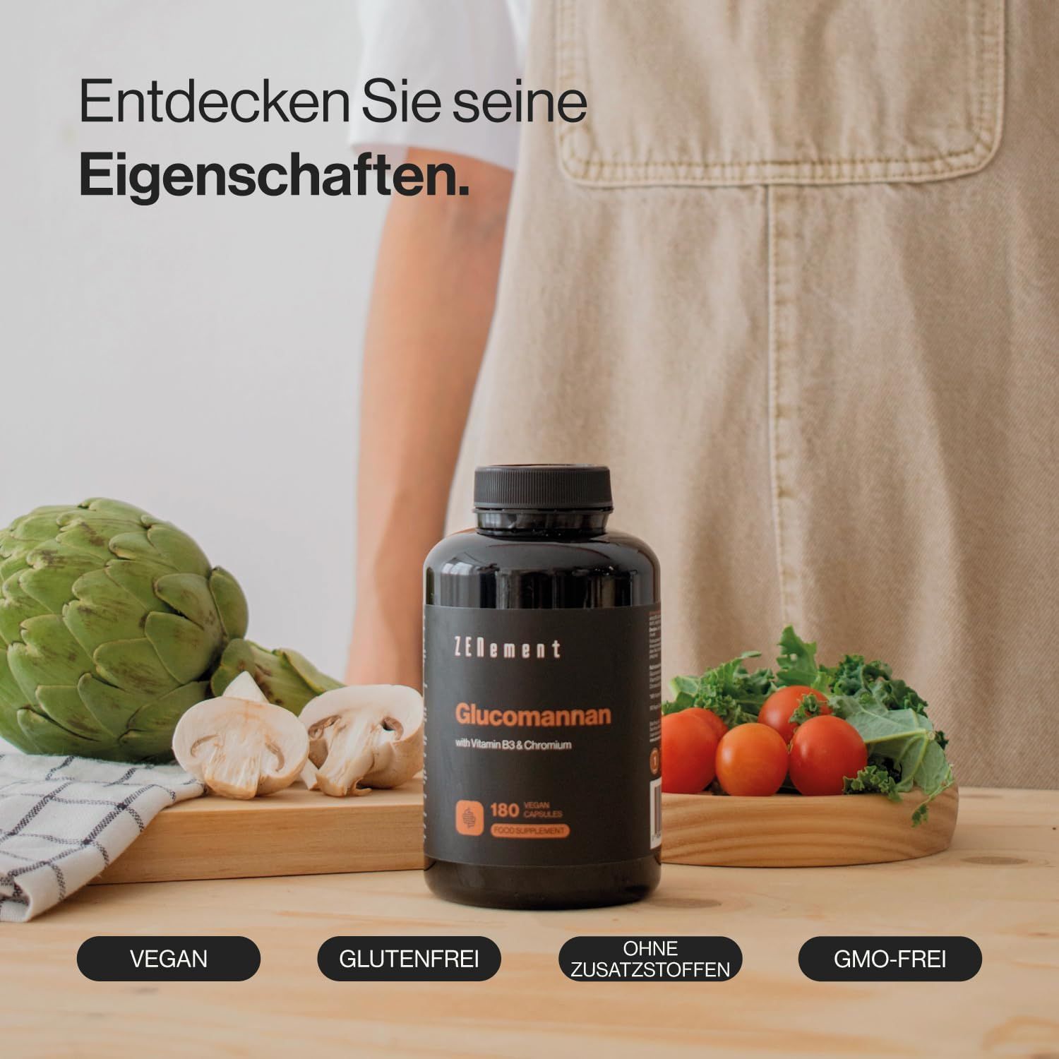 Flacone nero di capsule Zenement Glucomannan. Scritta: Glucomannan, 180 capsule. Vegano, senza glutine, senza additivi, senza OGM.