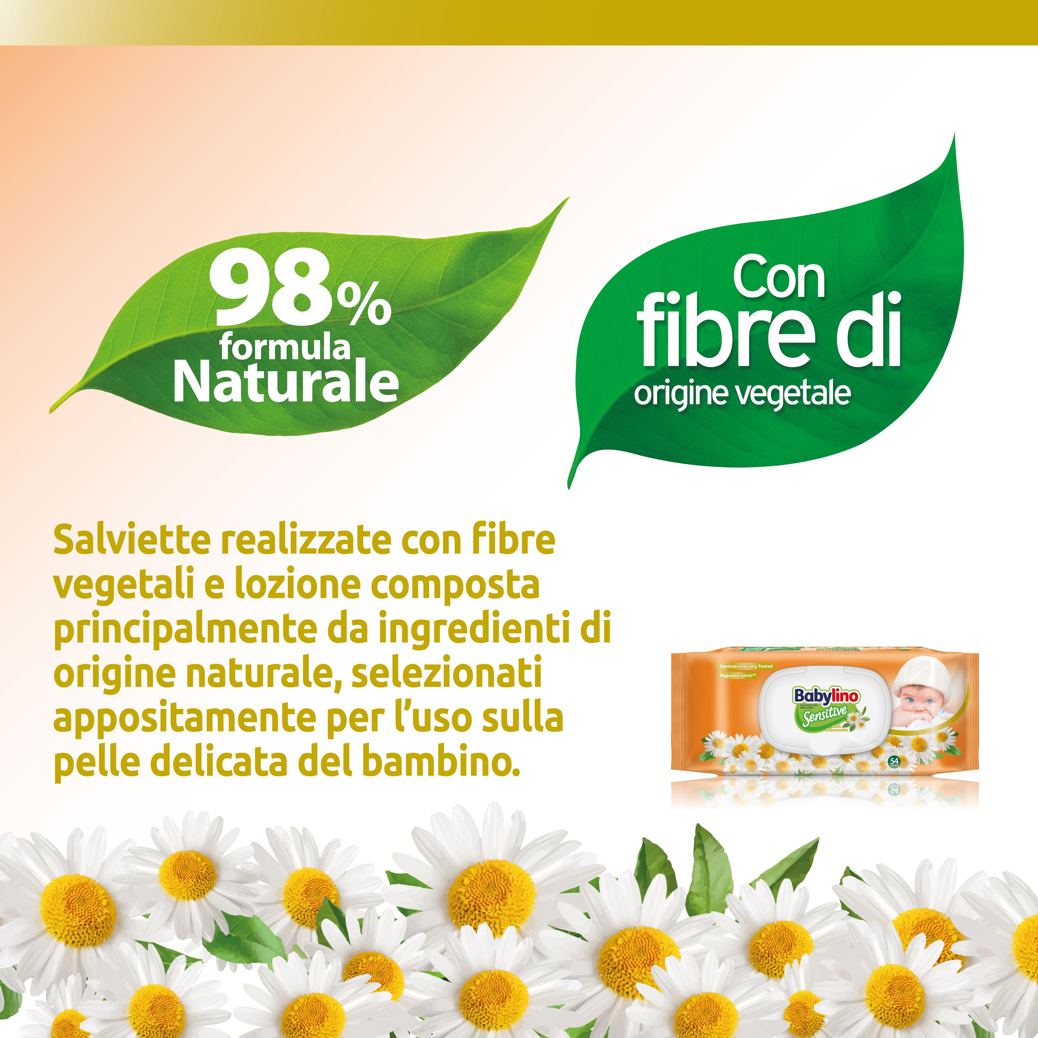 Foglie con testo: 98% formula naturale, con fibre vegetali. Salviette con fibre vegetali e ingredienti naturali.