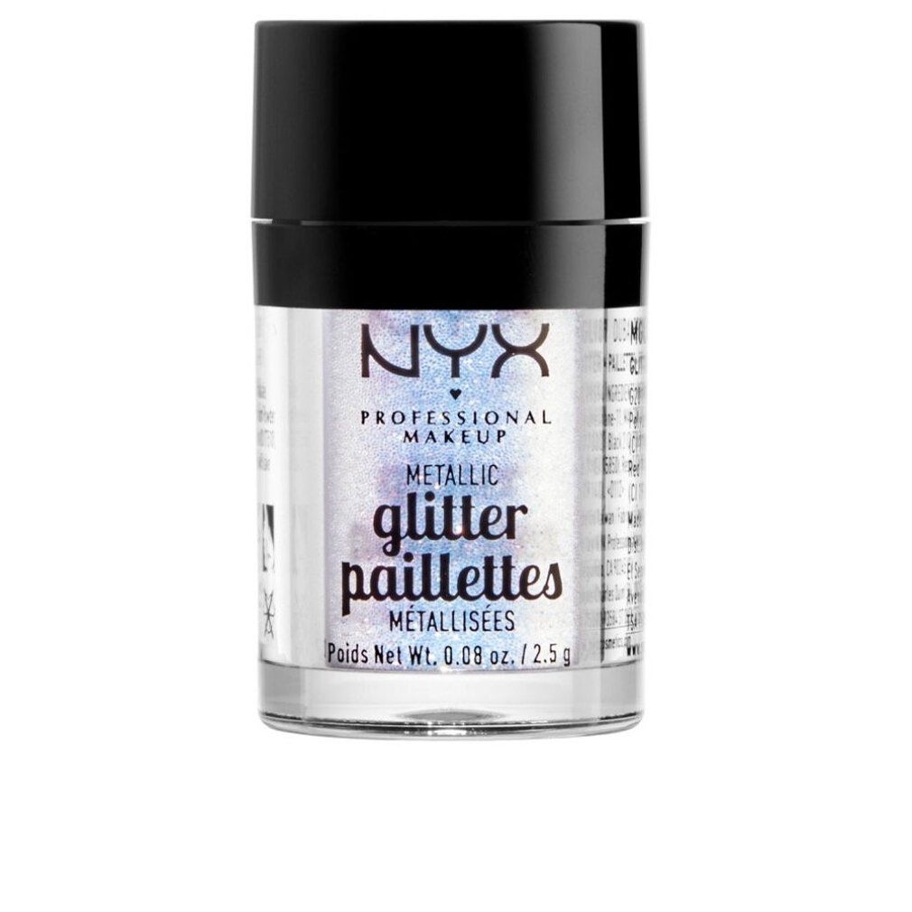 Glitter NYX Professional Makeup. Glitter metallico in un contenitore trasparente con coperchio nero. Scritta: Metallic Glitter Pailettes.