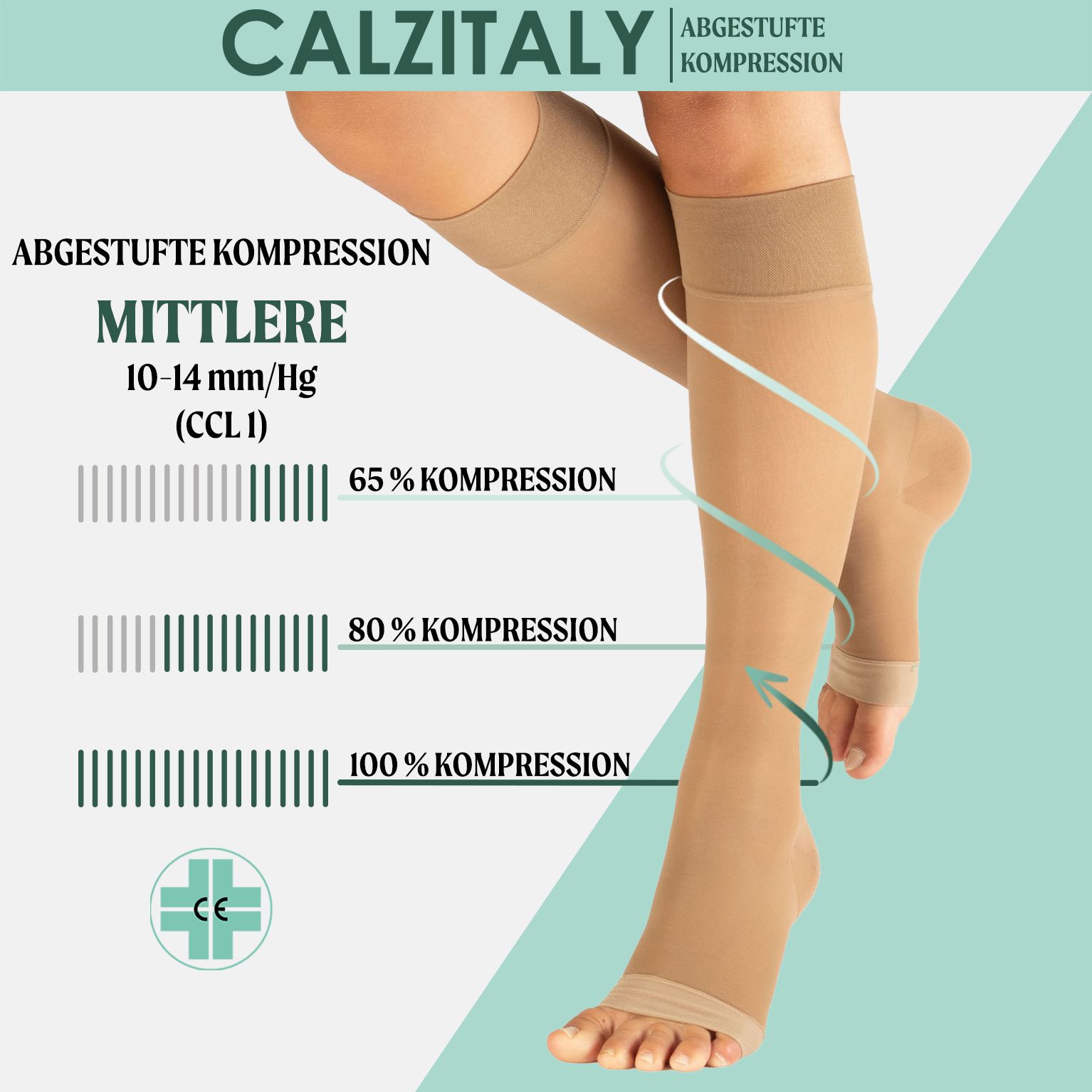 Calze compressive color carne. Compressione media 10-14 mm/Hg. Compressione graduata. Marchio CE.