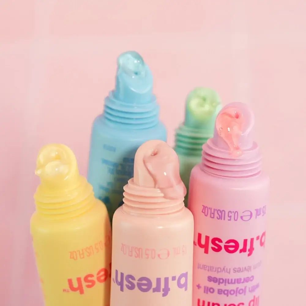 Cinque tubetti di siero labbra. Colori: giallo, rosa, azzurro, verde, rosa. Marchio: b.fresh. Prodotto spremuto dal tubetto.