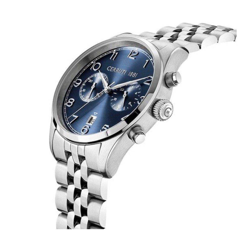 Orologio da uomo con quadrante blu, bracciale in metallo argentato e funzione cronografo.