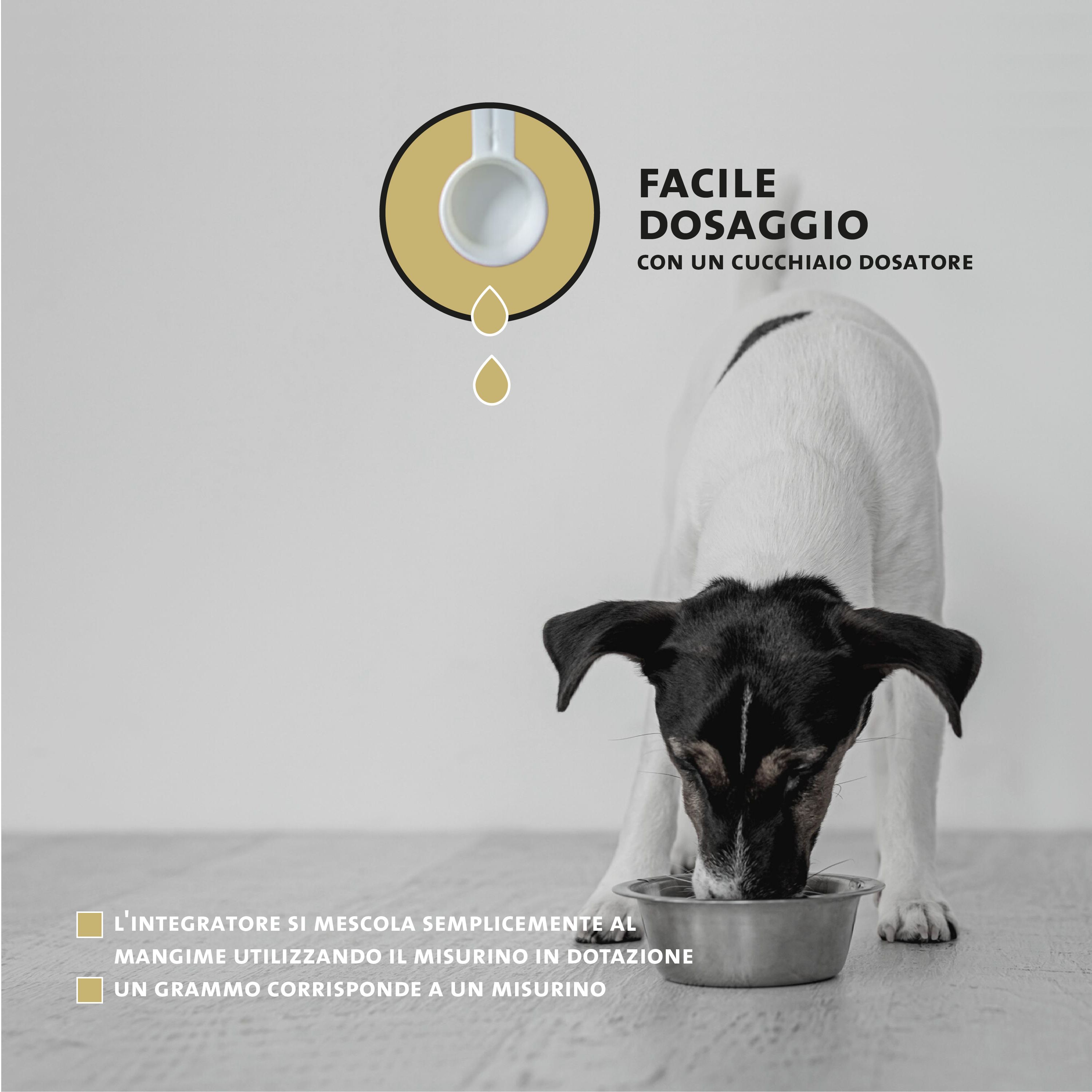 Peticare Polvere Digestione: barattolo con cane ed erbe, dosaggio facile con misurino.