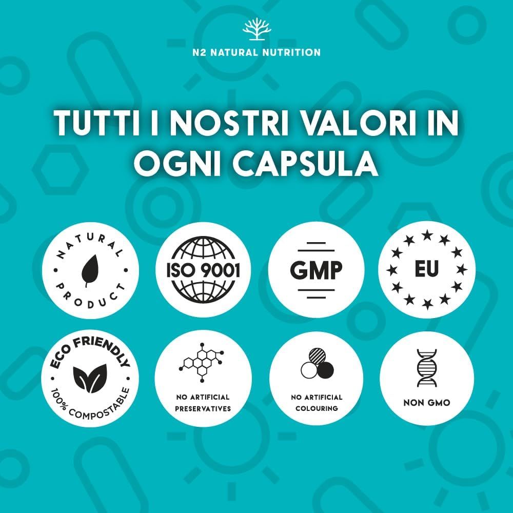 Loghi circolari: Natural Product, ISO 9001, GMP, EU, Eco Friendly, Senza conservanti artificiali, Senza coloranti, Non OGM.
