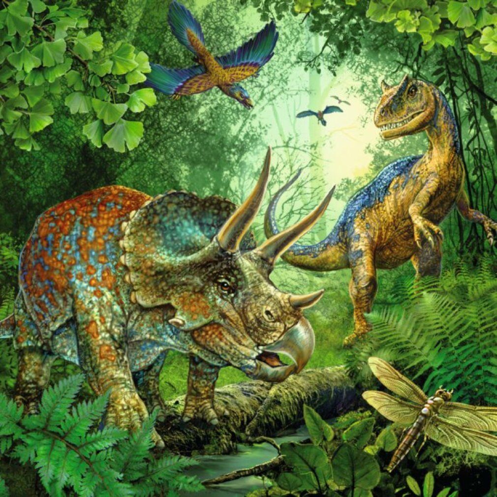 Un Triceratopo e un Tyrannosaurus Rex in una foresta primordiale con pterosauri e una libellula.