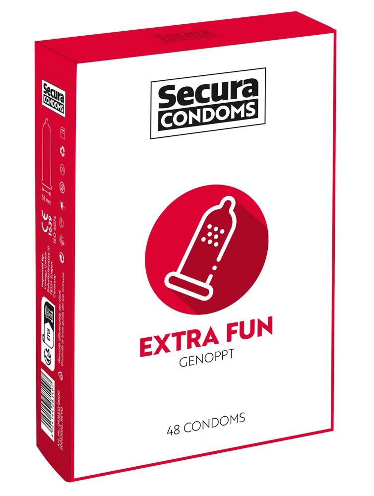 Confezione da 48 preservativi Secura Extra Fun con motivo a rilievi e marchio CE.