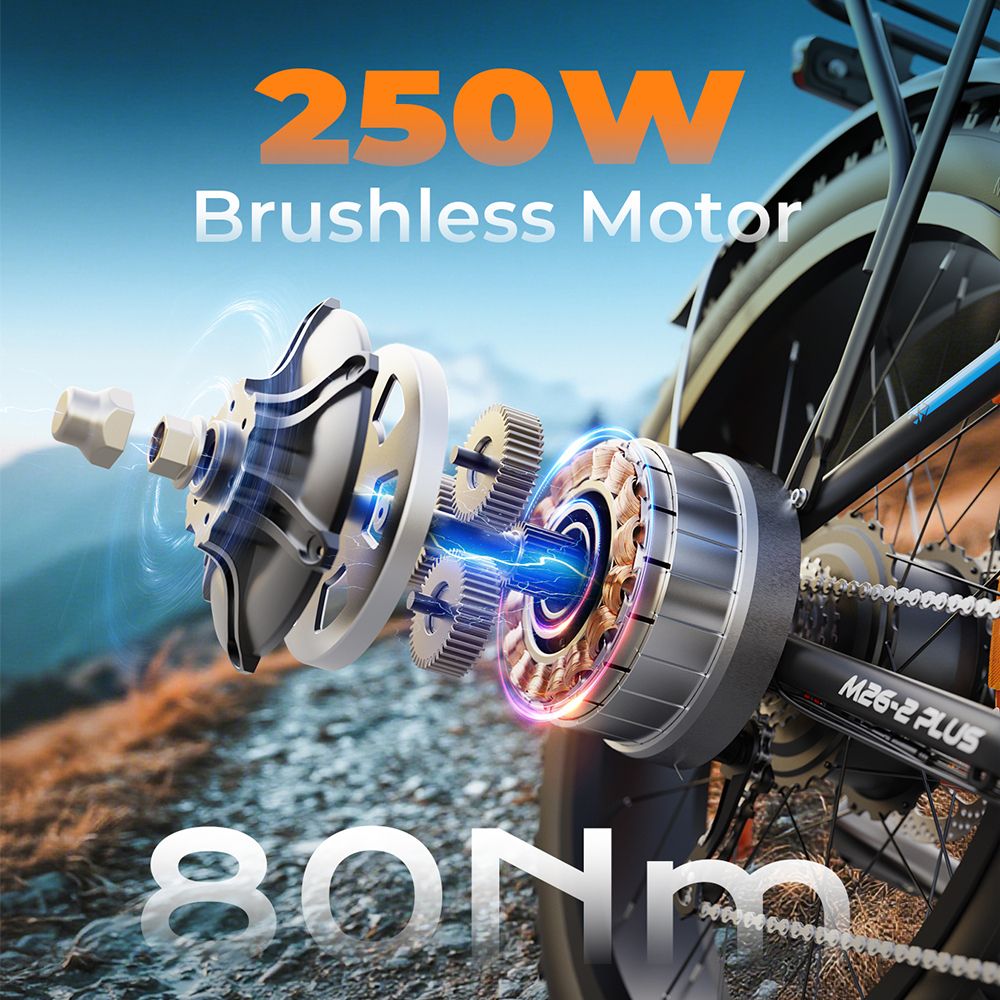 Esploso del motore di una e-bike. Testo: Motore brushless da 250W, 80Nm.