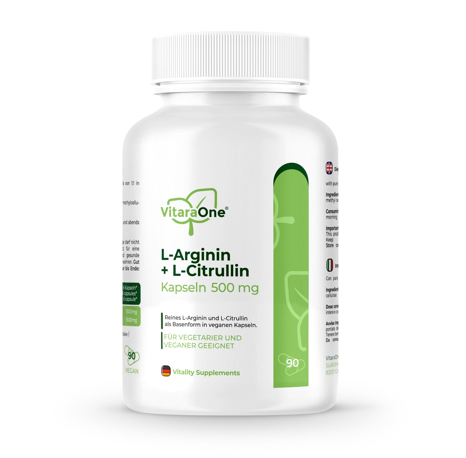 Flacone bianco con etichetta verde. Contiene L-Arginina + L-Citrullina. 90 capsule. Vegano. Vitality Supplements.