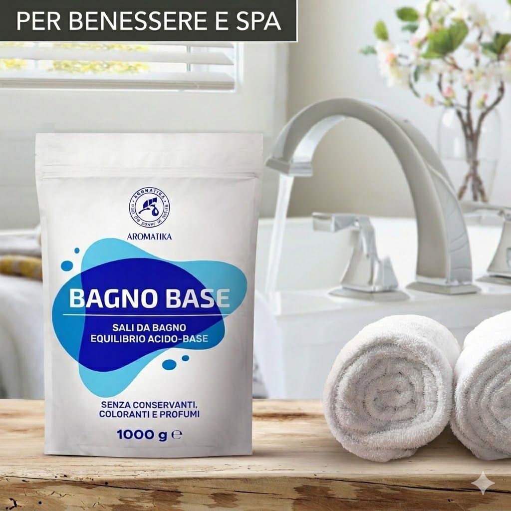 Busta bianca con logo blu e scritta BAGNO BASE. Scritta: Sale da bagno, equilibrio acido-base. 1000 g. Rubinetto e asciugamani.
