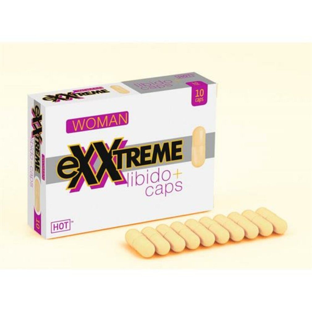 Scatola bianca con eXXtreme, WOMAN, Libido+ caps e 10 capsule. Accanto, 10 capsule gialle.
