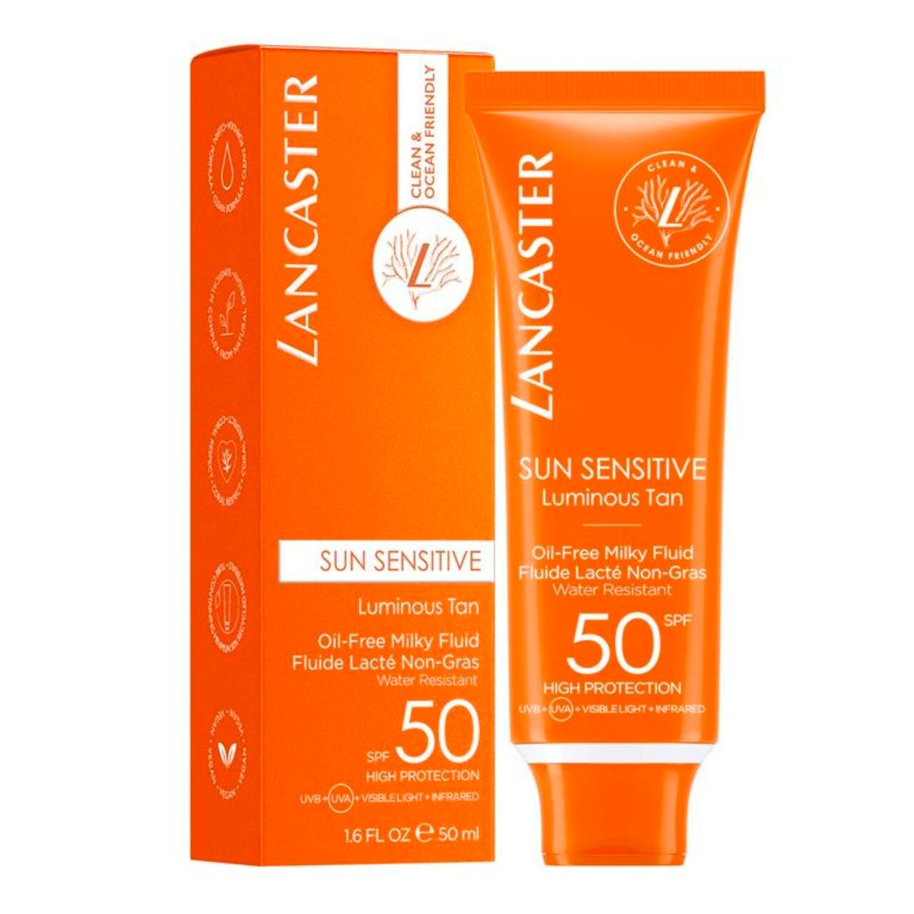 Confezione prodotto con tubo. Testo: Lancaster, Sun Sensitive, Luminous Tan, SPF 50, Alta Protezione. Con scatola.