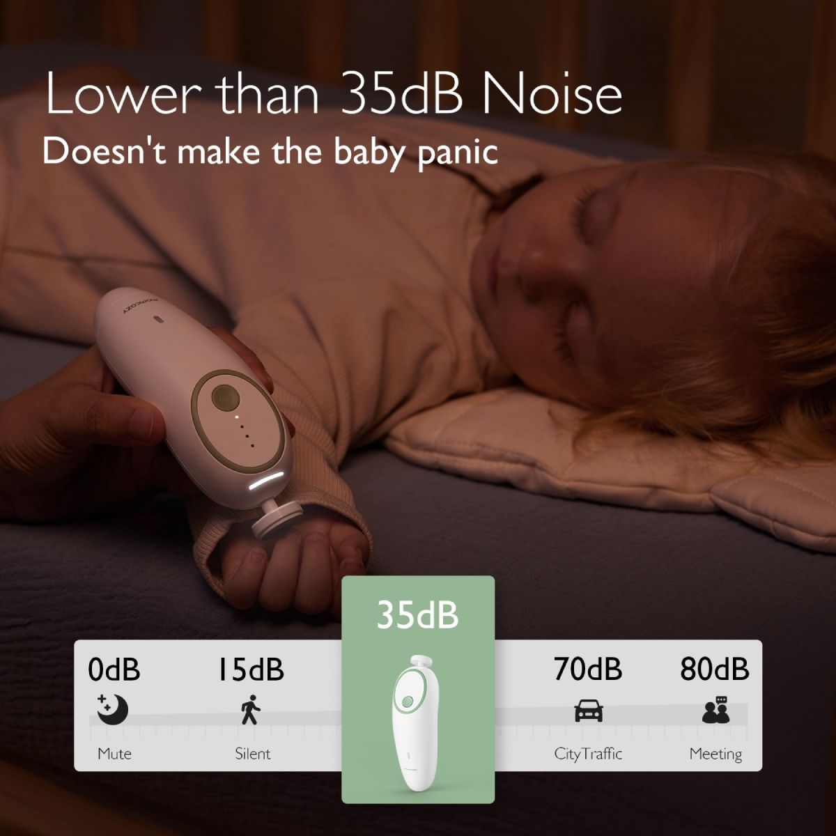 Bambino dorme, lima per unghie in funzione. Lima bianca e verde. Testo: Lower than 35dB Noise. Confronto livelli sonori.