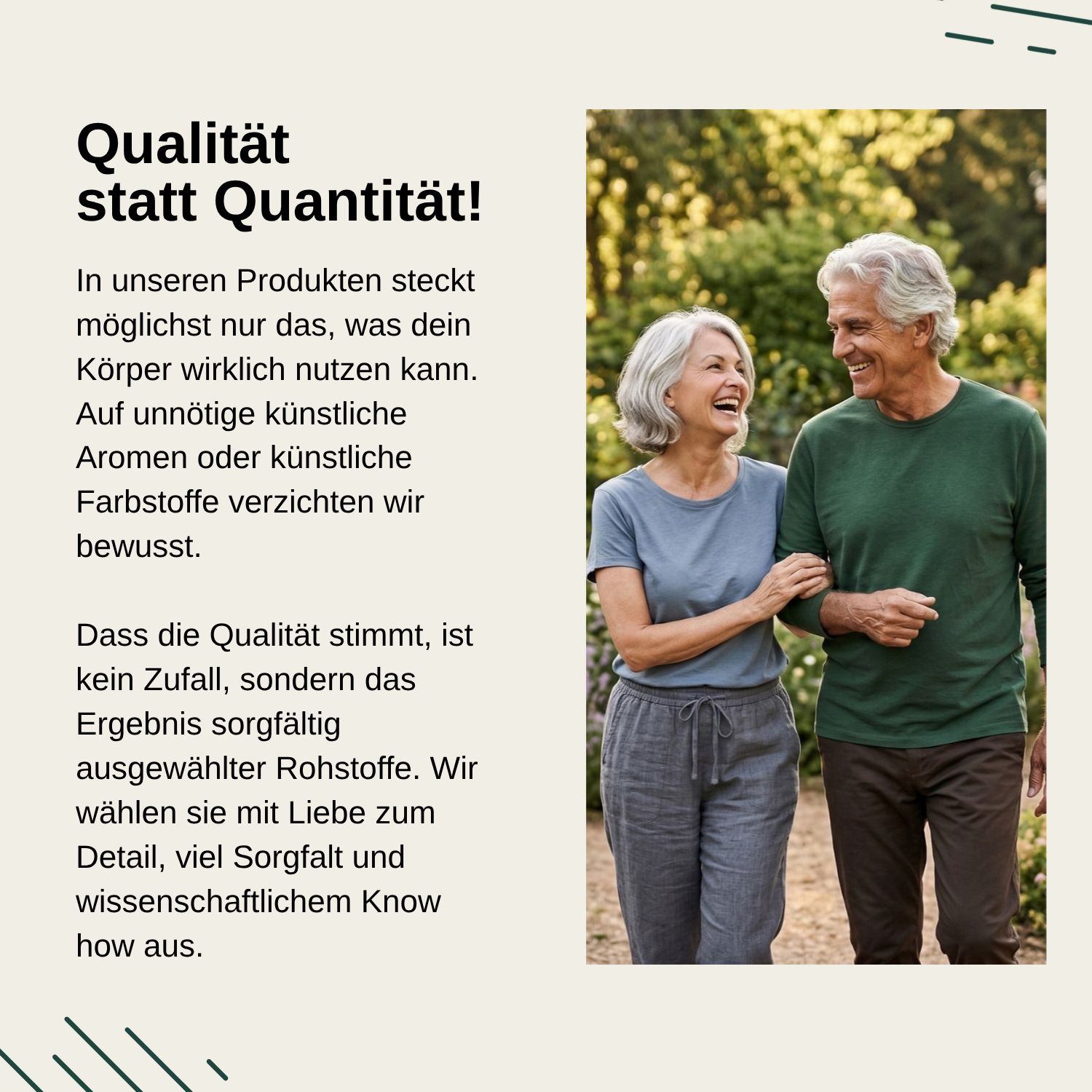 Coppia anziana passeggia all'aperto, Vita Elements Qualità invece di Quantità.