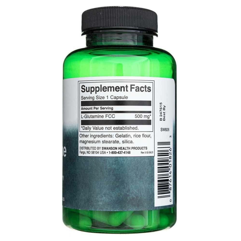 Retro di un flacone verde di L-Glutammina Swanson 500 mg. Mostra informazioni nutrizionali e ingredienti.