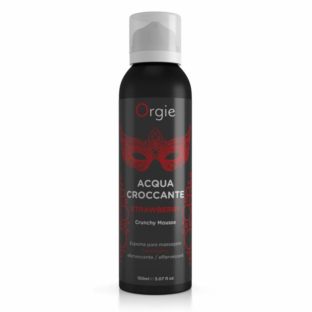 Flacone nero con vaporizzatore bianco. Scritta: Orgie, Acqua Croccante Strawberry, Crunchy Mousse. Design maschera rossa.