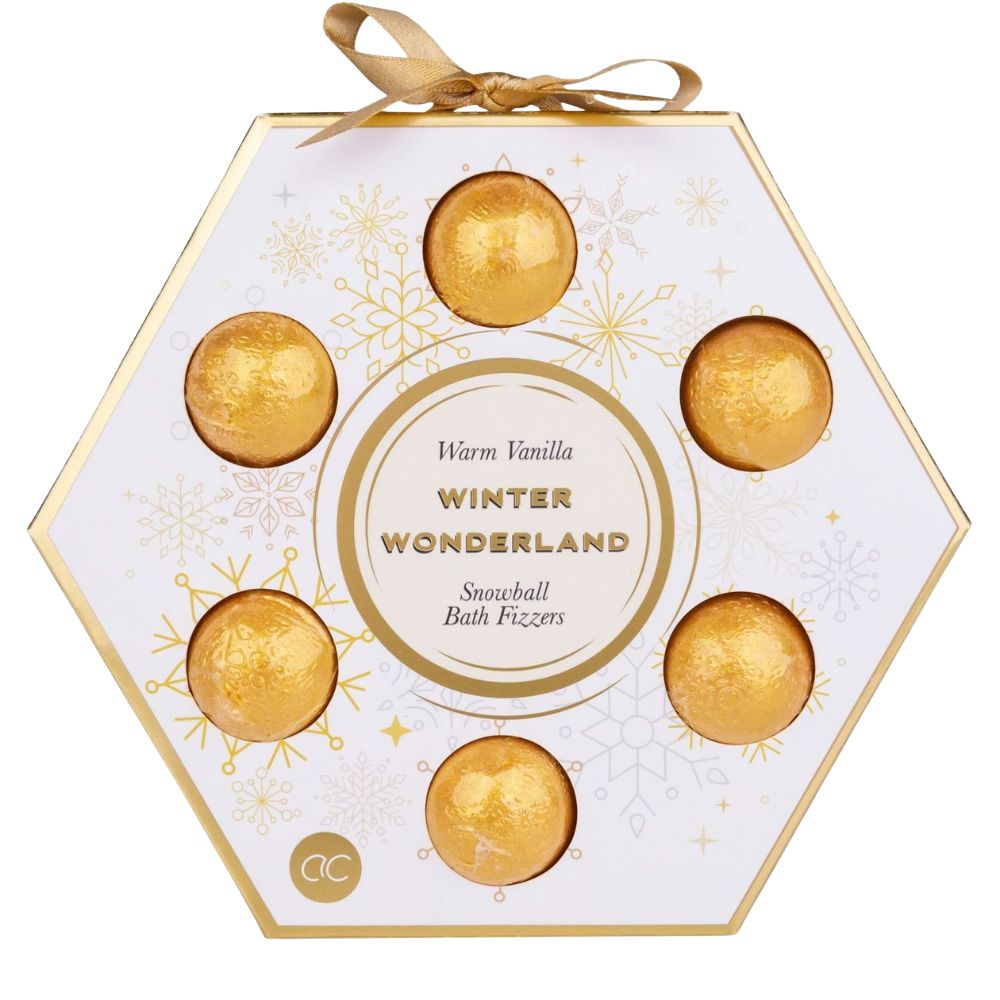 Confezione regalo esagonale con sei bombe da bagno dorate. Scritta: Winter Wonderland, Warm Vanilla, Snowball Bath Fizzers.