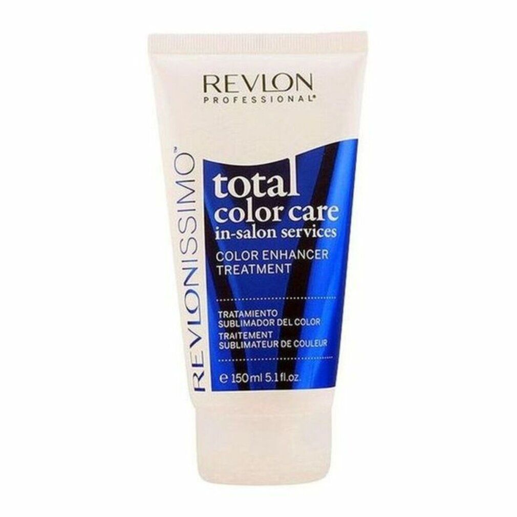 Tubo bianco con testo blu. Scritto: Revlonissimo Total Color Care Color Enhancer Treatment. Volume: 150 ml.