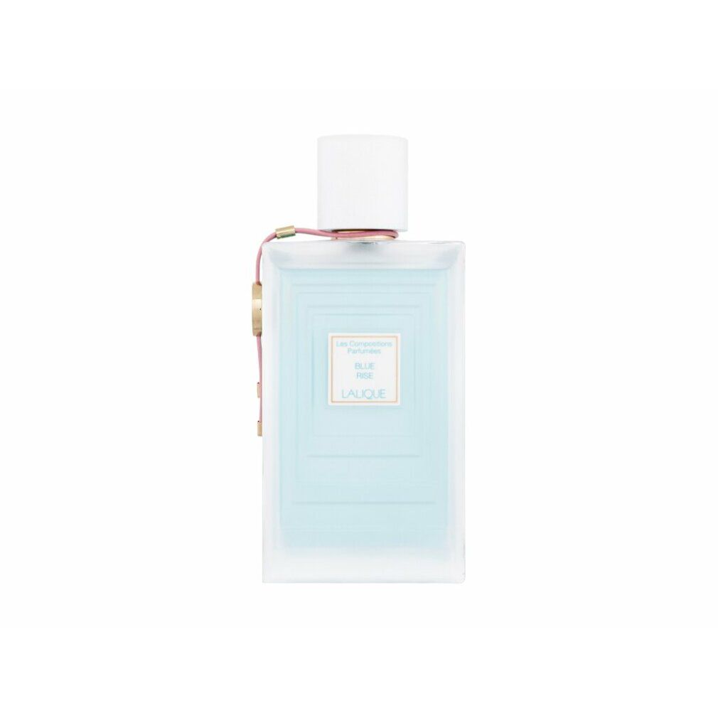 Flacone di profumo azzurro chiaro con tappo bianco. Scritta: Blue Rise, Lalique. Ciondolo dorato.