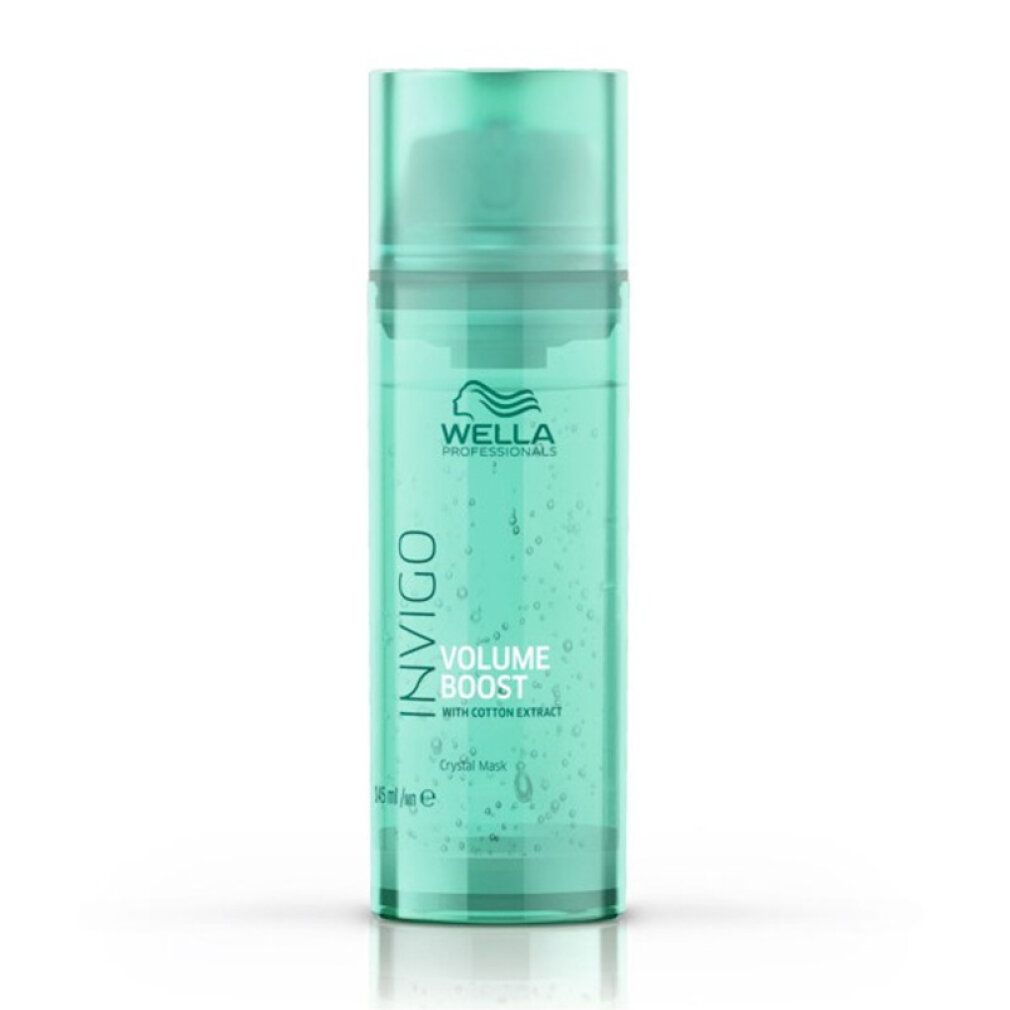 Flacone turchese con logo Wella Invigo e testo. Nome prodotto: Volume Boost Crystal Mask. Con estratto di cotone. 200 ml.