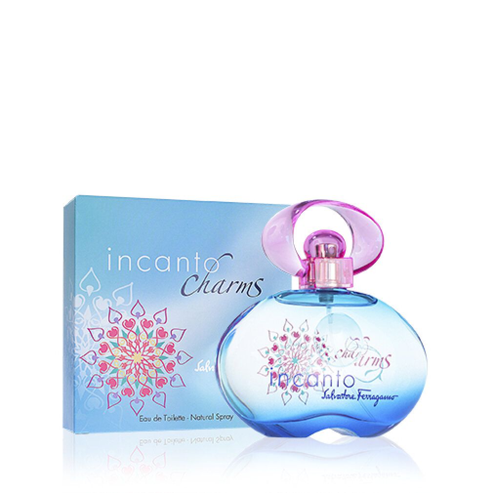 Flacone di profumo e scatola. Flacone rotondo, blu-verde con decorazioni rosa. Scatola blu con scritta Incanto Charms.