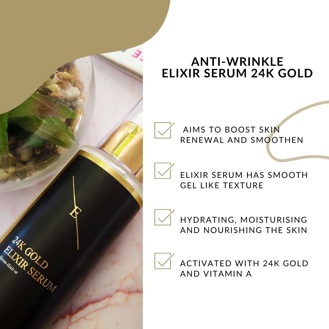 Flacone di siero elisir 24K Gold con testo sui benefici per la pelle.