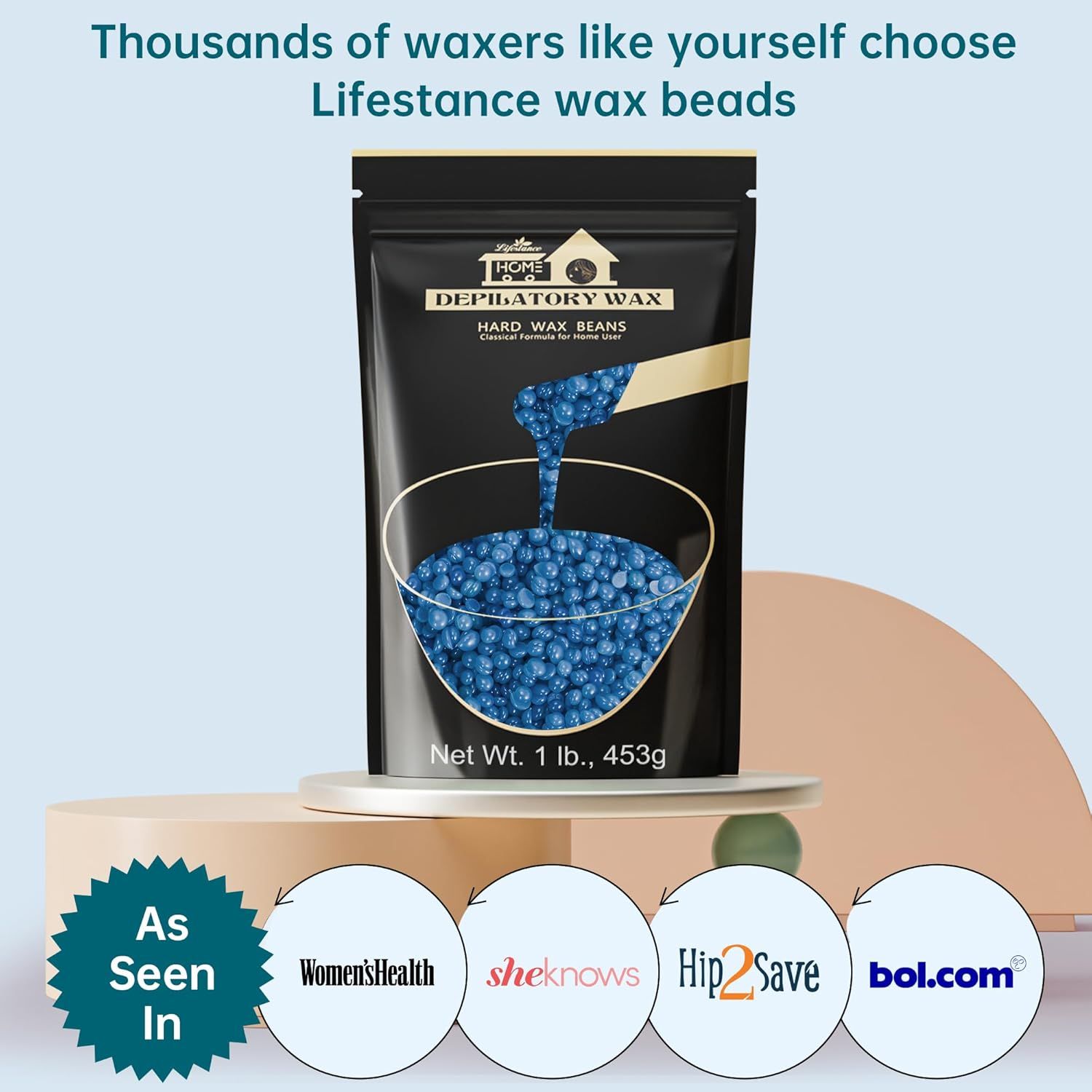 Busta nera con perle di cera blu. Testo: Lifestance, 1 lb, 453g. Visto su: Women's Health, sheknows, Hip2Save, bol.com.
