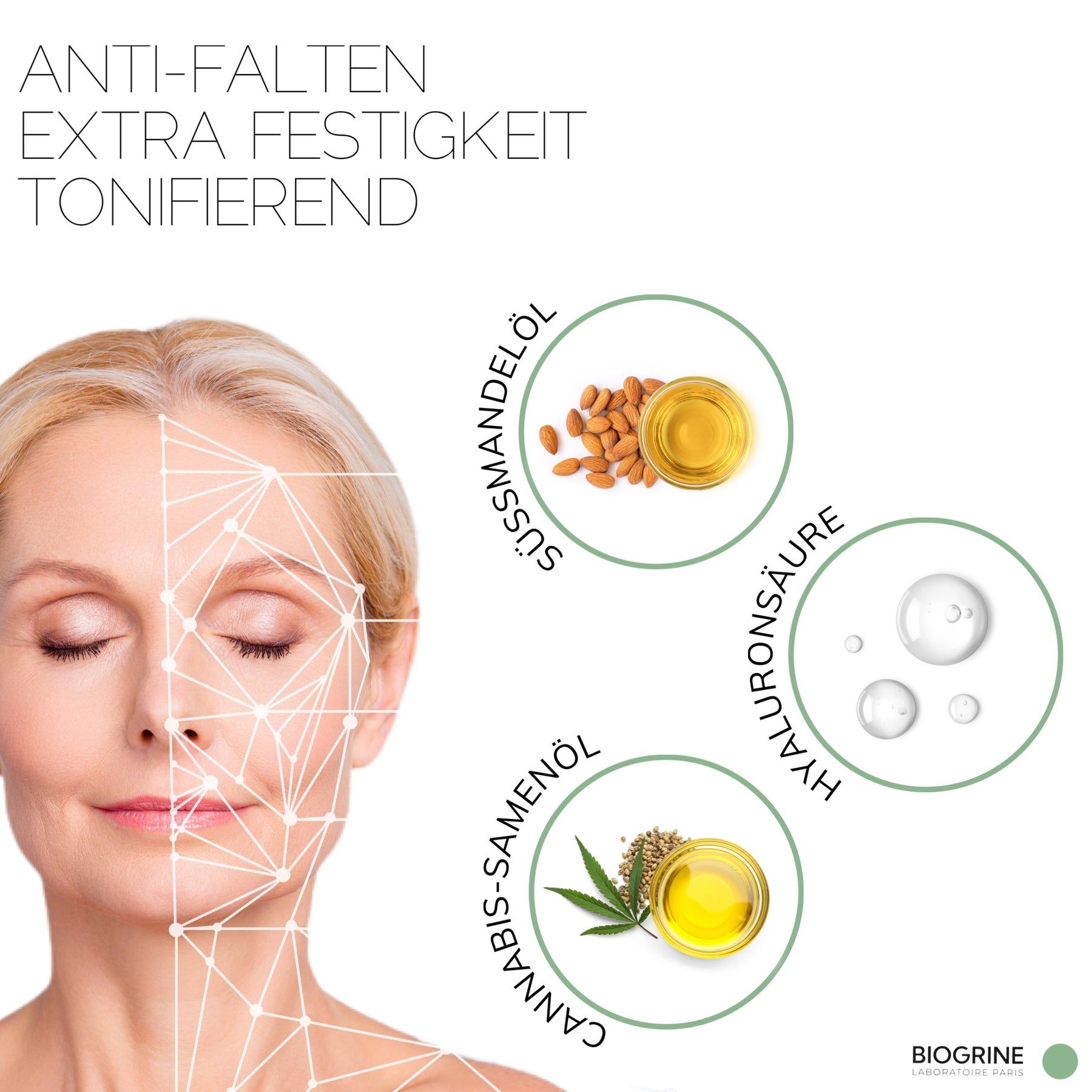 Donna con analisi del viso. Testo: Anti-rughe, extra fermezza. Ingredienti: olio di mandorle, acido ialuronico, olio di cannabis. BIOGRINE.