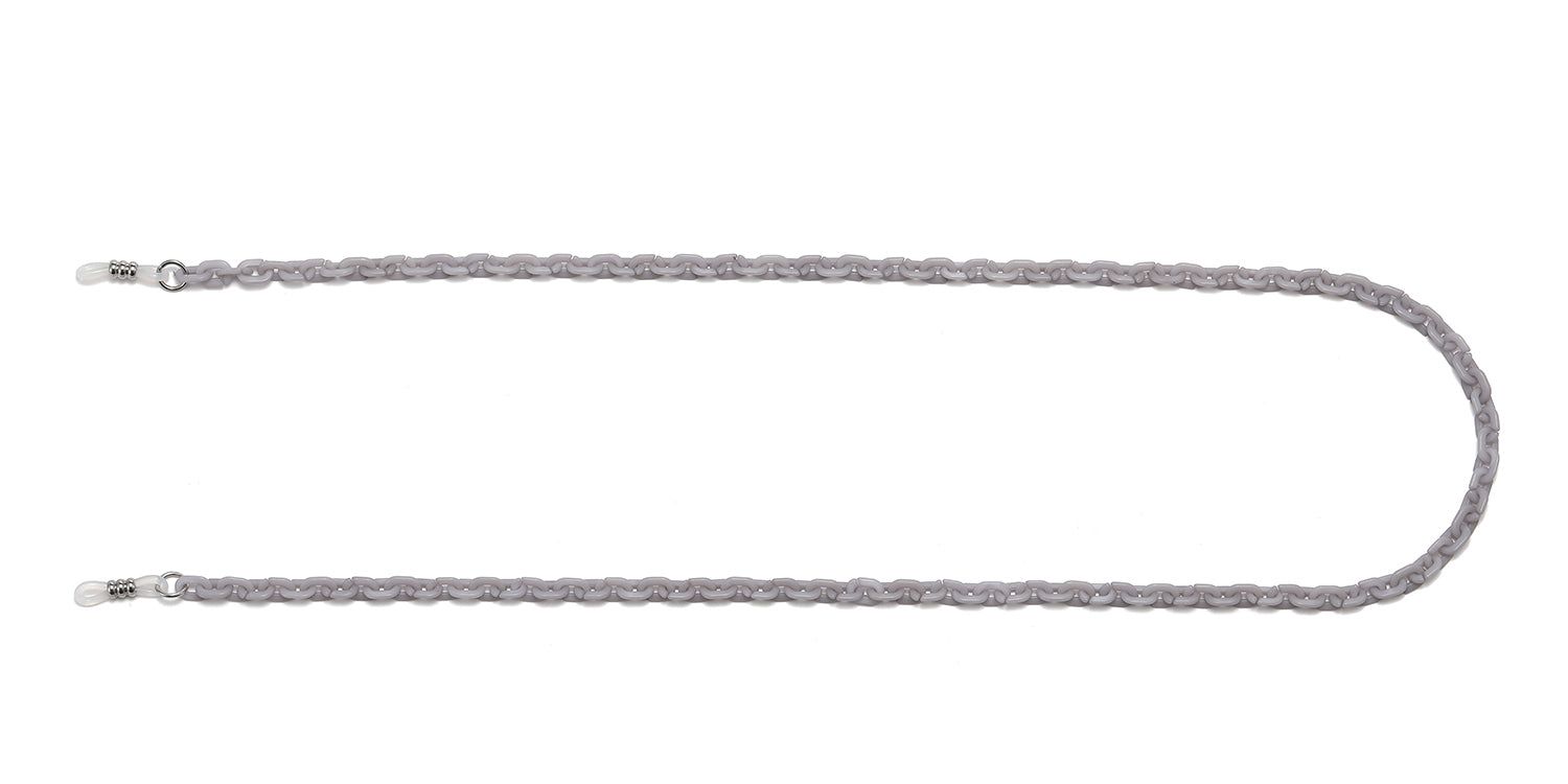 Catena per occhiali grigia, con estremità argentate. Su sfondo bianco.