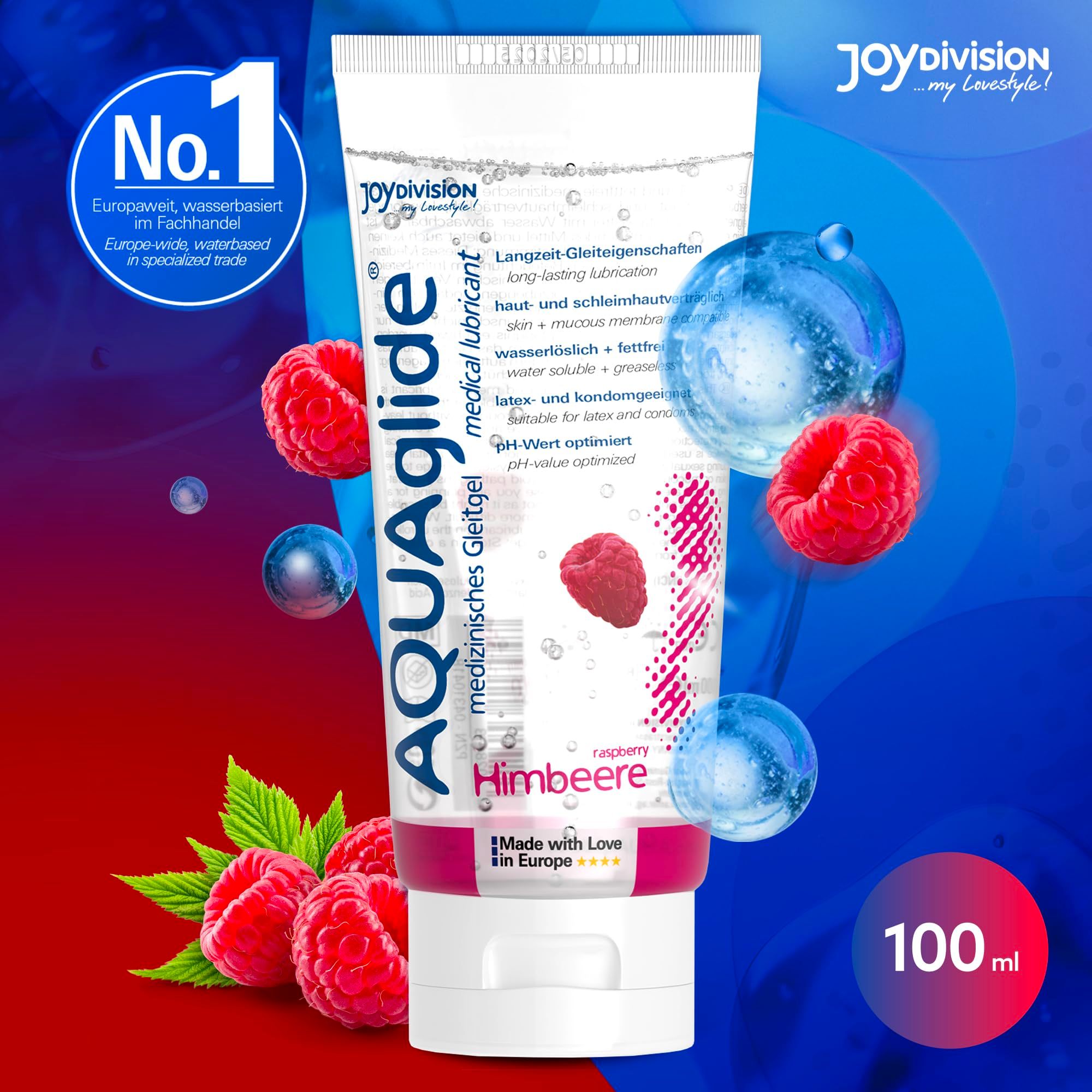 Tubo di gel lubrificante AQUAGLIDE lampone con il sigillo 'Made with Love in Germany'.