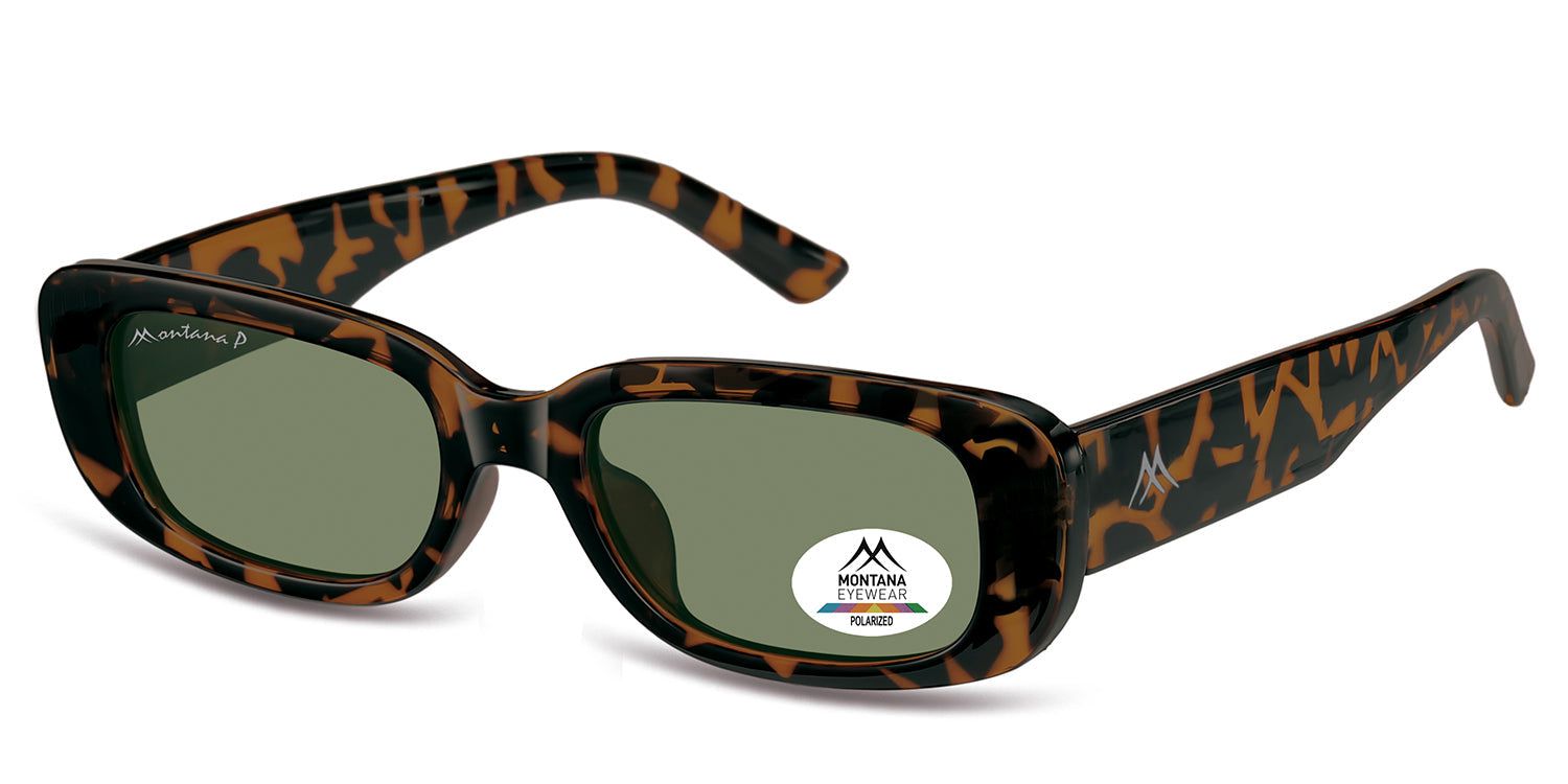 Occhiali da sole Romazzino con montatura marrone tartarugata. Lenti rettangolari verdi. Logo Montana Eyewear ed etichetta Polarized.