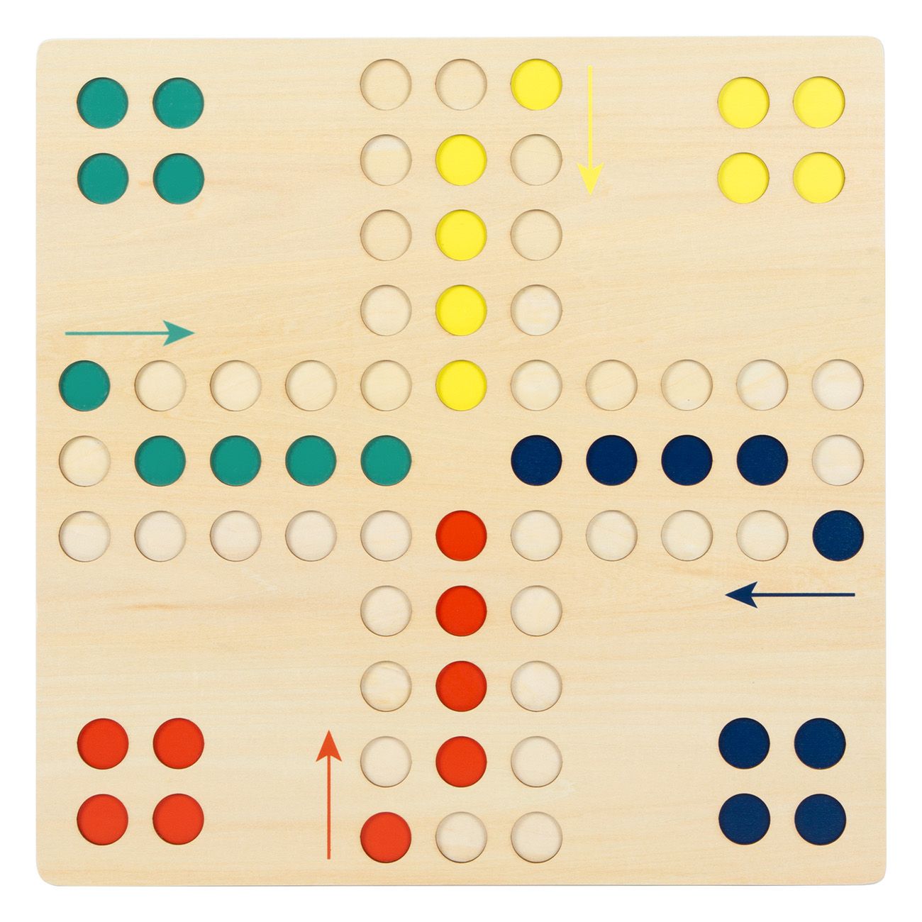 Tabellone di gioco Ludo in legno con caselle colorate e frecce. Quattro gruppi: verde, giallo, rosso, blu. Fori per pedine.